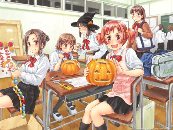 Anime picture 1280x960 with original halloween uniform school uniform hat apron witch hat vegetables desk jack-o'-lantern pumpkin saimon