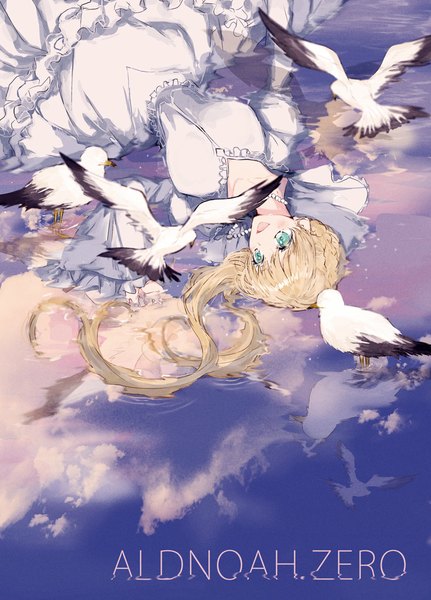 Anime picture 800x1113 with aldnoah.zero a-1 pictures asseylum vers allusia motyaaaaaaa single long hair tall image fringe breasts open mouth blue eyes blonde hair looking away sky lying on back happy reflection girl dress
