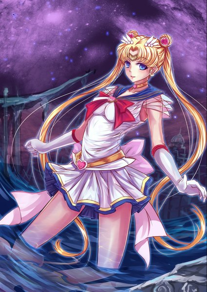 Anime picture 743x1049 with bishoujo senshi sailor moon toei animation tsukino usagi sailor moon jianren tall image blush blue eyes blonde hair twintails very long hair girl skirt gloves hair ornament water sailor suit