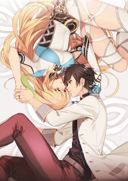 Anime picture 1800x2545 with tales of (series) tales of xillia tales of xillia 2 milla maxwell jude mathis yayata (884) tall image highres short hair black hair blonde hair smile yellow eyes ahoge very long hair profile pink eyes couple holding hands looking up