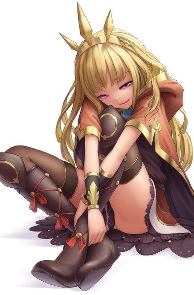 Anime picture 789x1200 with granblue fantasy cagliostro (granblue fantasy) kurione (zassou) single long hair tall image light erotic blonde hair white background sitting purple eyes girl thighhighs dress hair ornament black thighhighs boots