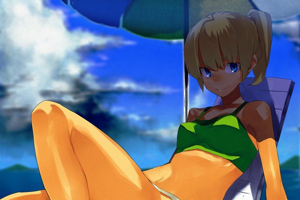 Anime picture 1425x950 with original hama2224 blue eyes blonde hair cloud (clouds) ponytail lying tan girl swimsuit beach umbrella
