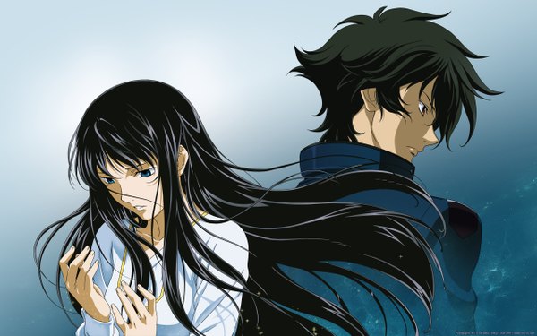 Anime picture 2560x1600 with mobile suit gundam mobile suit gundam 00 sunrise (studio) setsuna f seiei marina ismail anya007 long hair highres short hair blue eyes black hair wide image brown eyes signed couple back to back girl boy