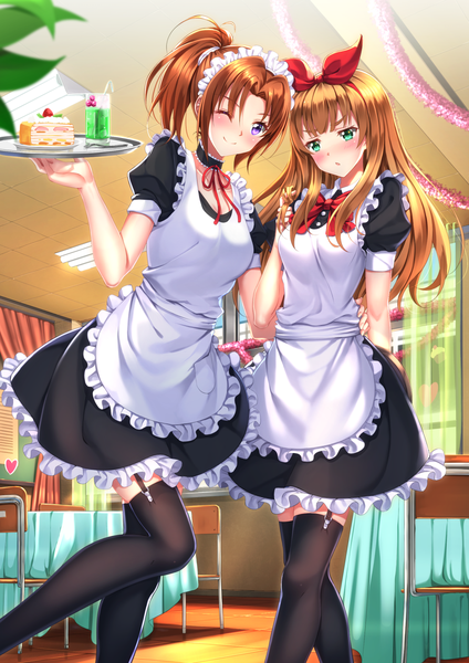 Anime picture 1102x1560 with hibike! euphonium kyoto animation nakagawa natsuki yoshikawa yuuko swordsouls long hair tall image blush blonde hair smile brown hair purple eyes multiple girls green eyes one eye closed wink maid girl thighhighs uniform