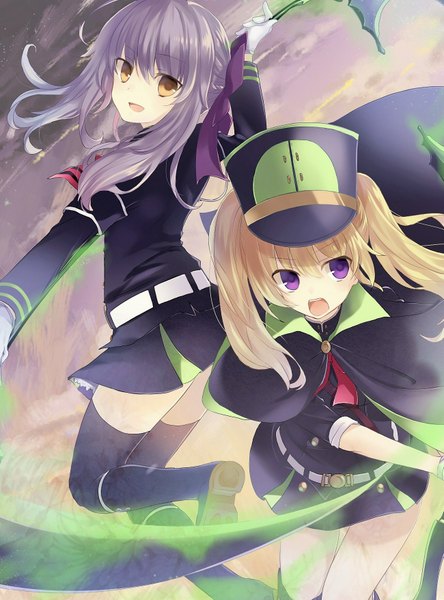 Anime picture 1299x1753 with owari no seraph wit studio hiiragi shinoa sanguu mitsuba jne*jing tall image looking at viewer open mouth blonde hair purple eyes multiple girls brown eyes looking away purple hair parted lips girl thighhighs skirt uniform bow
