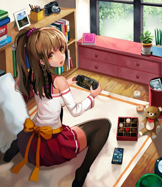 Anime picture 777x900 with original sl86 single long hair tall image looking at viewer fringe open mouth brown hair sitting bare shoulders holding yellow eyes ponytail indoors braid (braids) pleated skirt looking back from behind no shoes