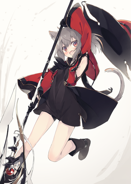 Anime picture 864x1208 with original nagishiro mito single tall image looking at viewer blush fringe short hair open mouth simple background hair between eyes red eyes animal ears tail animal tail grey hair cat ears armpit (armpits) cat girl cat tail