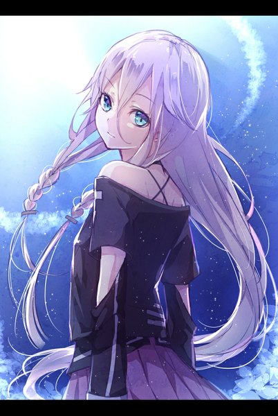 Anime picture 714x1064 with vocaloid ia (vocaloid) yuki yanagi (toumeikurage) single long hair tall image looking at viewer pink hair braid (braids) aqua eyes twin braids turning head letterboxed girl skirt flower (flowers) miniskirt blouse