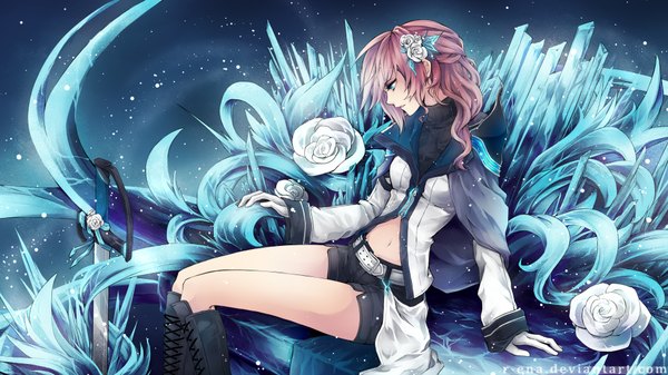 Anime picture 1920x1080 with final fantasy final fantasy xiii square enix lightning farron r-ena single long hair highres blue eyes wide image sitting pink hair hair flower snowing girl gloves navel hair ornament flower (flowers) weapon