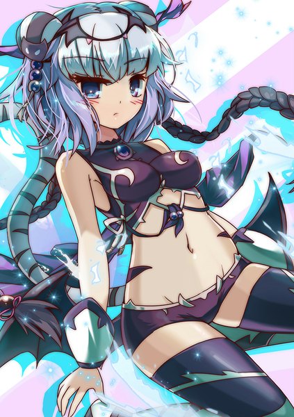 Anime picture 722x1024 with puzzle & dragons haku (p&d) rocknroll (artist) single long hair tall image looking at viewer blush blue eyes light erotic tail animal tail multicolored hair two-tone hair cat tail monster girl girl thighhighs navel black thighhighs