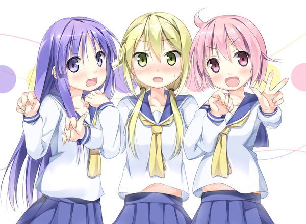 Anime picture 1500x1100 with yuyushiki ichii yui nonohara yuzuko hinata yukari shiratama (teleidoscope) long hair blush short hair open mouth blonde hair purple eyes multiple girls green eyes pink hair purple hair pink eyes girl skirt miniskirt serafuku