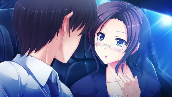 Anime picture 2660x1500 with atled everlasting song blush highres short hair blue eyes black hair wide image game cg couple girl boy glasses