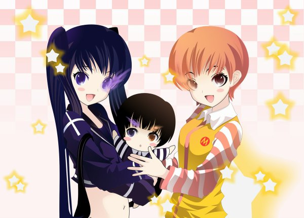 Anime picture 1200x861 with black rock shooter insane black rock shooter ronald mcdonald arvind long hair blush short hair open mouth red eyes brown hair twintails purple eyes multiple girls purple hair orange hair couple heterochromia glowing glowing eye (eyes) checkered