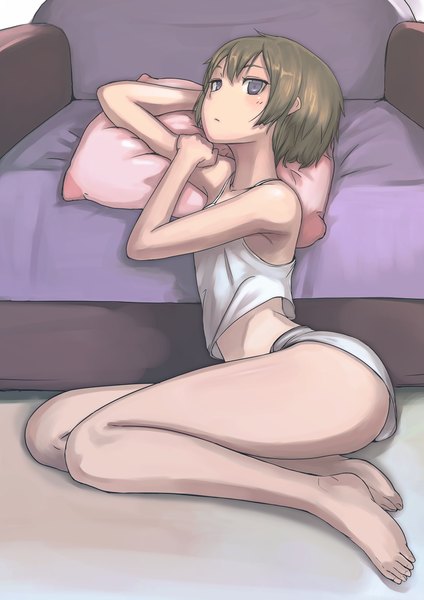 Anime picture 848x1200 with original tea (nakenashi) single tall image short hair light erotic brown hair sitting bare shoulders barefoot bare legs grey eyes legs long legs girl shorts pillow short shorts armchair tank top