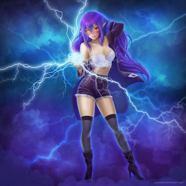 Anime picture 3000x3000 with olga narhova single long hair fringe highres breasts light erotic red eyes bare shoulders purple hair one eye closed lips pointy ears wink realistic high heels magic facial mark adjusting hair arm behind head