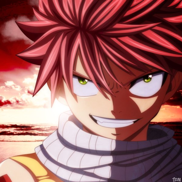 Anime picture 2500x2500 with fairy tail natsu dragneel futuretabs single highres short hair smile green eyes pink hair sky cloud (clouds) sunlight grin coloring evening portrait sunset close-up face boy