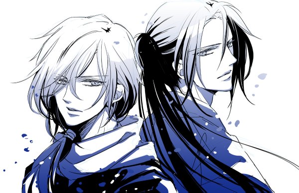 Anime picture 1200x775 with hakuouki shinsengumi kitan studio deen saito hajime hijikata toshizou (hakuouki) hatoya (artist) long hair looking at viewer simple background white background ponytail traditional clothes wind multiple boys grey eyes monochrome hands behind back pale skin boy scarf 2 boys