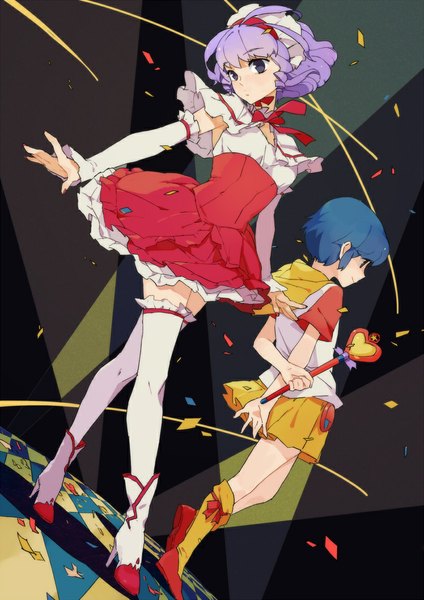 Anime picture 800x1131 with mahou no tenshi creamy mami morisawa yuu creamy mami plumice tall image short hair multiple girls blue hair looking away purple hair profile high heels oldschool girl thighhighs 2 girls detached sleeves white thighhighs confetti wand