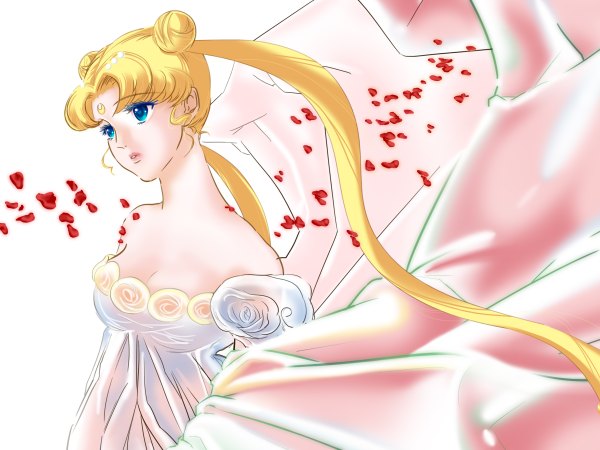 Anime picture 2400x1800 with bishoujo senshi sailor moon toei animation tsukino usagi princess serenity motofuture (artist) single long hair highres blue eyes blonde hair twintails girl dress petals