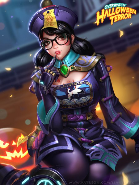 Anime picture 750x1000 with overwatch blizzard entertainment mei (overwatch) jiangshi mei liang xing single long hair tall image fringe black hair sitting twintails brown eyes signed looking away traditional clothes realistic fang (fangs) copyright name lipstick