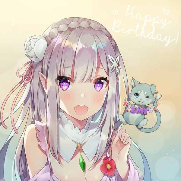 Anime picture 1200x1200 with re:zero kara hajimeru isekai seikatsu white fox emilia (re:zero) puck (re:zero) ayami (annahibi) single long hair looking at viewer blush fringe breasts open mouth purple eyes silver hair upper body braid (braids) :d hair flower pointy ears teeth