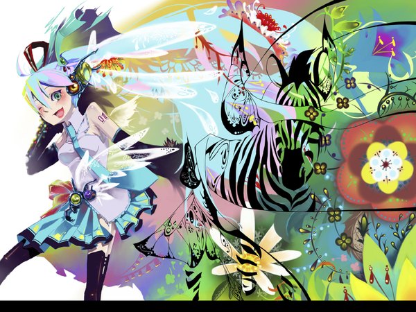 Anime picture 1600x1200 with vocaloid hatsune miku open mouth one eye closed wink girl skirt detached sleeves necktie