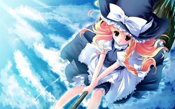 Anime picture 1500x938 with touhou kirisame marisa single long hair looking at viewer blonde hair wide image holding brown eyes sky braid (braids) parted lips sunlight sunbeam broom riding girl dress bow hat broom