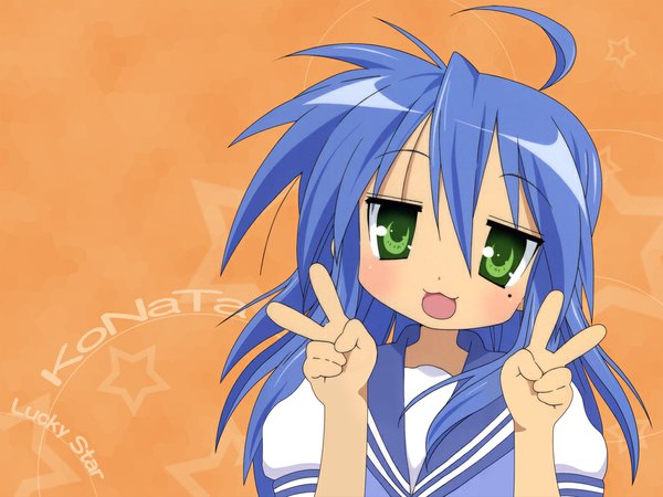 Anime picture 1024x768 with lucky star kyoto animation izumi konata green eyes blue hair ahoge mole wallpaper mole under eye victory :3 girl uniform school uniform serafuku