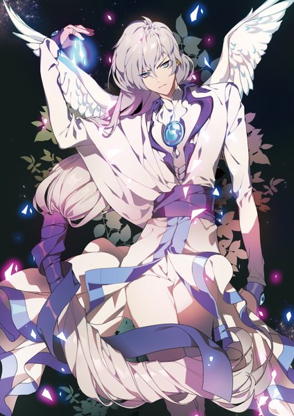 Anime picture 689x975 with card captor sakura clamp yue (cardcaptor sakura) totolove1004 single tall image fringe blue eyes hair between eyes looking away very long hair head tilt arm up grey hair dark background angel wings boy ribbon (ribbons) plant (plants) hair ribbon