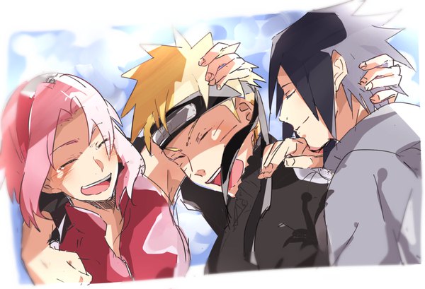 Anime picture 1000x682 with naruto studio pierrot naruto (series) uzumaki naruto uchiha sasuke haruno sakura hishikawa short hair open mouth black hair blonde hair smile pink hair upper body eyes closed multiple boys hug facial mark shaded face hand on head