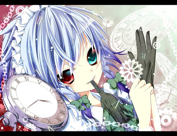 Anime picture 1120x860 with touhou izayoi sakuya hikobae single short hair holding blue hair braid (braids) maid heterochromia twin braids mouth hold letterboxed adjusting gloves glove in mouth girl gloves bow hair bow headdress