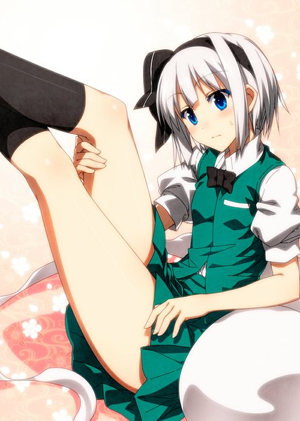 Anime picture 800x1120 with touhou konpaku youmu myon sazanami mio single tall image looking at viewer blush short hair blue eyes sitting white hair legs girl skirt ribbon (ribbons) hair ribbon miniskirt socks bowtie