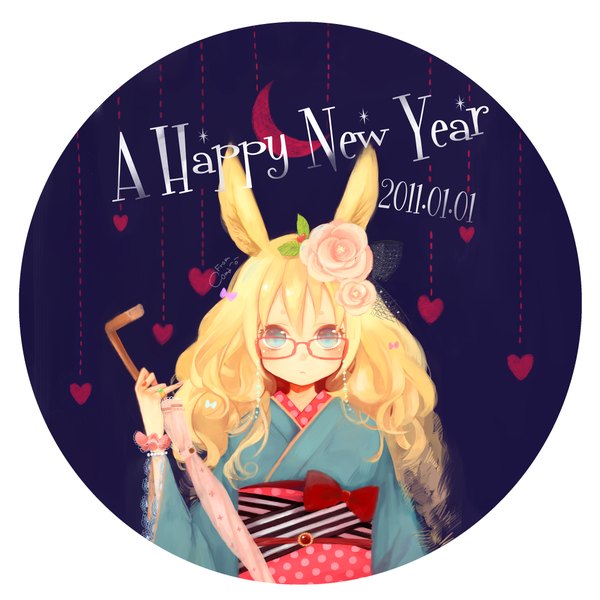 Anime picture 1000x1000 with original coma (fginiy) single long hair looking at viewer blush blue eyes blonde hair holding signed animal ears nail polish traditional clothes japanese clothes hair flower inscription bunny ears bunny girl crescent closed umbrella