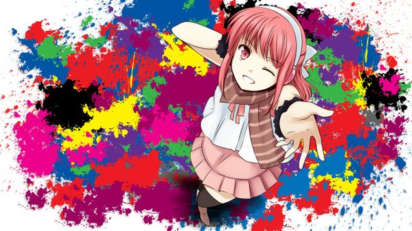 Anime picture 1280x720 with utau tohne nilla na-nami single long hair looking at viewer fringe smile wide image pink hair one eye closed pink eyes from above wink girl thighhighs bow black thighhighs hair bow headphones