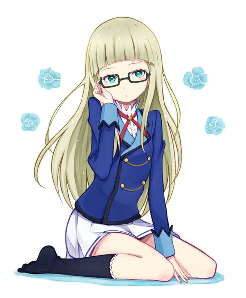 Anime picture 700x848 with aikatsu! toudou yurika purea single long hair tall image fringe blonde hair simple background white background sitting aqua eyes no shoes alternate hairstyle adjusting glasses girl uniform school uniform socks glasses