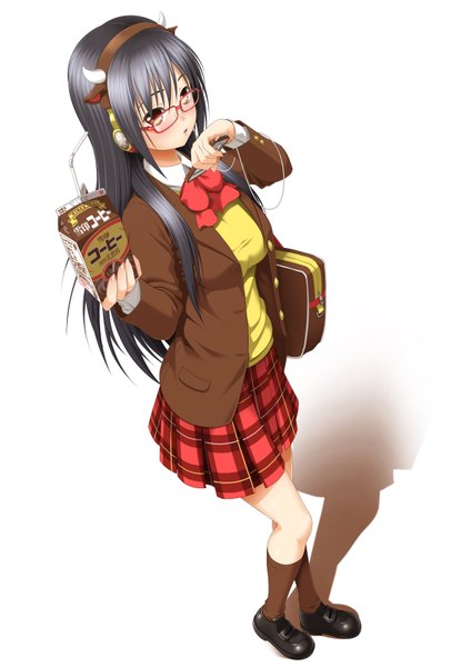 Anime picture 2480x3508 with original yukijirushi yukiko-tan yama-michi single long hair tall image blush highres red eyes grey hair shadow girl skirt socks glasses jacket headphones bag school bag