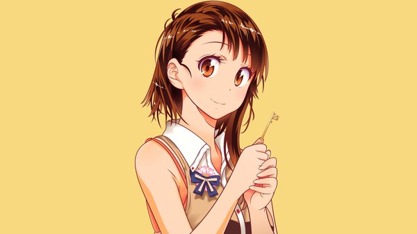 Anime picture 3840x2160 with nisekoi shaft (studio) onodera kosaki starsilvery single looking at viewer blush highres short hair simple background smile brown hair wide image holding brown eyes absurdres upper body fingernails wallpaper yellow background