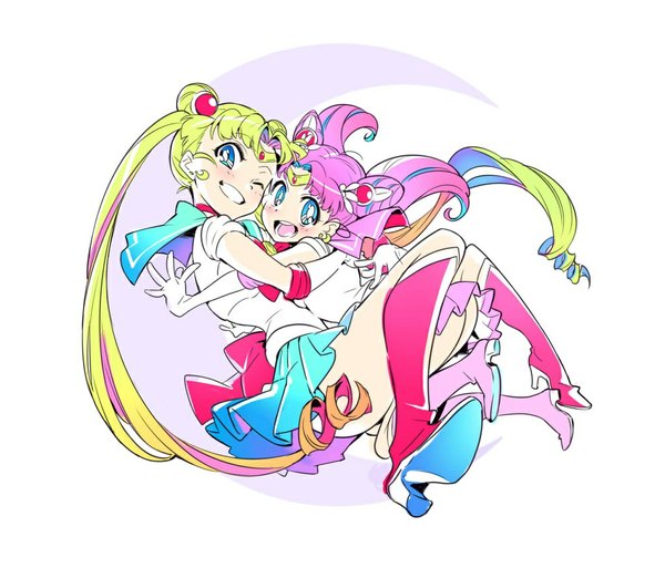 Anime picture 1000x855 with bishoujo senshi sailor moon toei animation tsukino usagi sailor moon sailor chibi moon yoneyama mai looking at viewer blush open mouth blue eyes simple background blonde hair smile white background sitting twintails multiple girls pink hair pleated skirt one eye closed