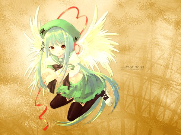 Anime picture 1600x1200 with itou noiji single long hair looking at viewer brown eyes pleated skirt green hair bare belly short sleeves crossed arms flying angel wings brown background girl thighhighs skirt ribbon (ribbons) black thighhighs hair ribbon wings