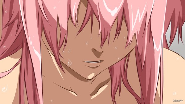 Anime picture 2400x1350 with mirai nikki gasai yuno morrow single long hair highres simple background wide image signed pink hair grey background wet close-up vector hair over eyes girl water drop