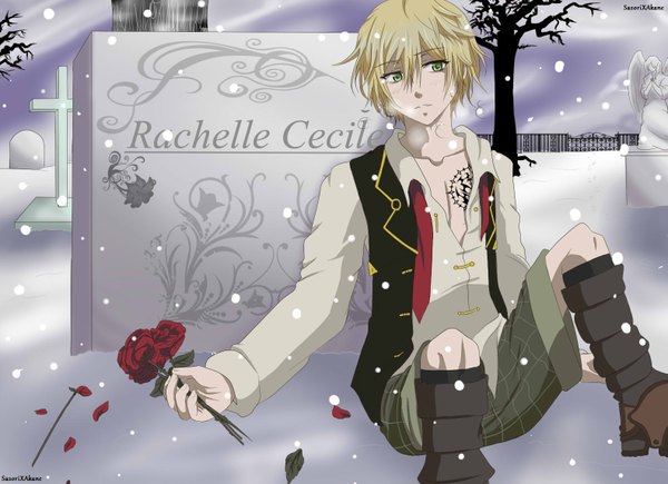 Anime picture 1581x1148 with pandora hearts xebec oz vessalius single short hair blonde hair sitting green eyes tattoo snowing winter snow partially open clothes boy plant (plants) shirt petals tree (trees) necktie shorts