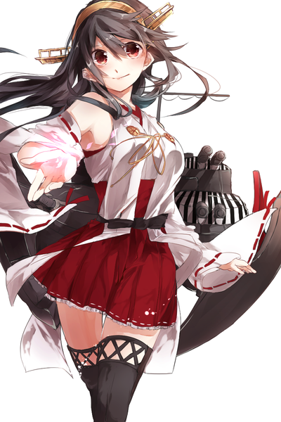 Anime picture 800x1200 with kantai collection haruna battleship miwano rag single long hair tall image looking at viewer blush black hair simple background smile red eyes white background bare shoulders traditional clothes japanese clothes outstretched arm miko outstretched hand nontraditional miko