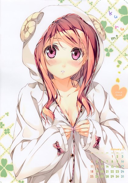 Anime picture 4890x6980 with original kurumi (kantoku) kantoku single long hair tall image looking at viewer blush highres purple eyes pink hair absurdres scan calendar 2015 girl pajamas calendar