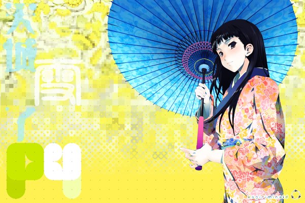 Anime picture 1200x800 with persona 4 persona amagi yukiko takano kou single long hair black hair signed japanese clothes girl kimono umbrella oriental umbrella