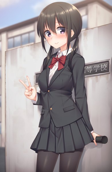 Anime picture 650x1000 with original mikazuchi zeus single long hair tall image looking at viewer blush black hair smile twintails purple eyes holding pleated skirt low twintails victory girl skirt uniform school uniform pantyhose