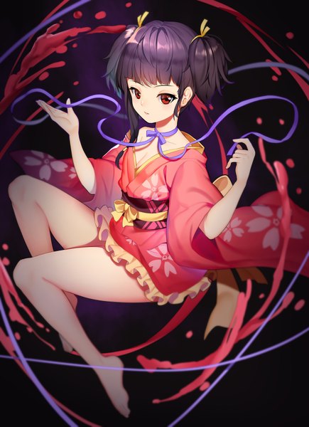 Anime picture 1200x1653 with koutetsujou no kabaneri wit studio mumei (kabaneri) greetload single tall image looking at viewer short hair black hair red eyes twintails traditional clothes japanese clothes barefoot bare legs short twintails girl kimono
