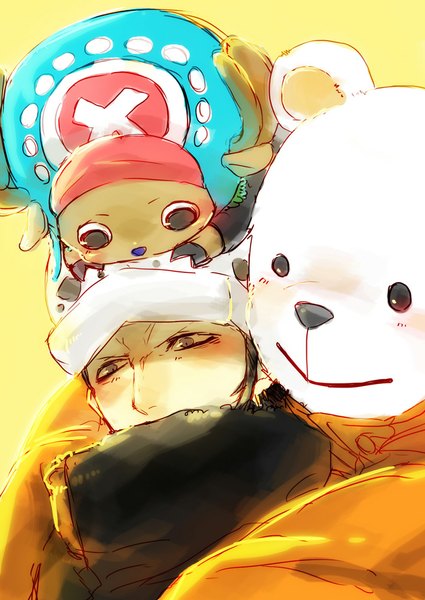 Anime picture 709x1000 with one piece toei animation tony tony chopper trafalgar law bepo amane0623 tall image blush short hair black hair simple background smile black eyes hug looking down yellow background cute boy hat earrings