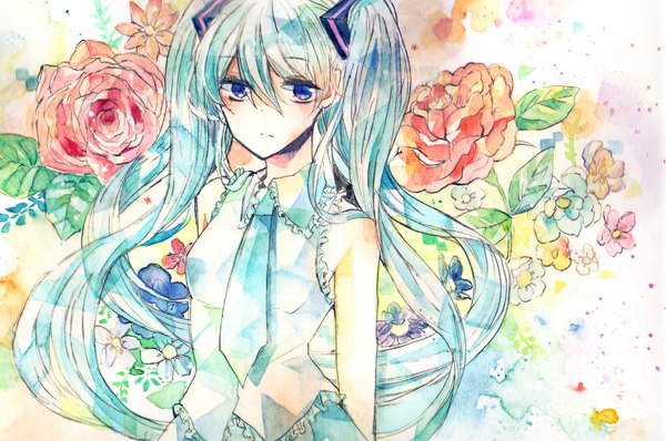 Anime picture 2000x1329 with vocaloid hatsune miku shiratsuyu single blush highres blue eyes twintails bare shoulders looking away very long hair aqua hair traditional media watercolor (medium) girl flower (flowers) rose (roses)