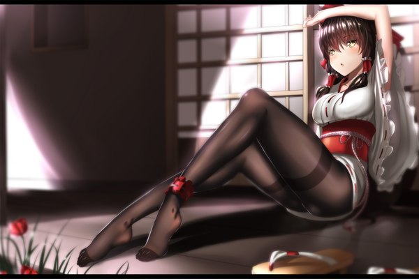 Anime picture 1806x1207 with touhou hakurei reimu hk (hak) single long hair looking at viewer blush fringe highres breasts light erotic brown hair sitting twintails yellow eyes bent knee (knees) long sleeves parted lips wide sleeves shadow