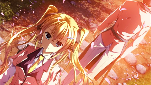 Anime picture 1278x718 with supipara amano angeline hotaru nanao naru long hair blue eyes blonde hair wide image twintails game cg girl uniform ribbon (ribbons) hair ribbon school uniform petals